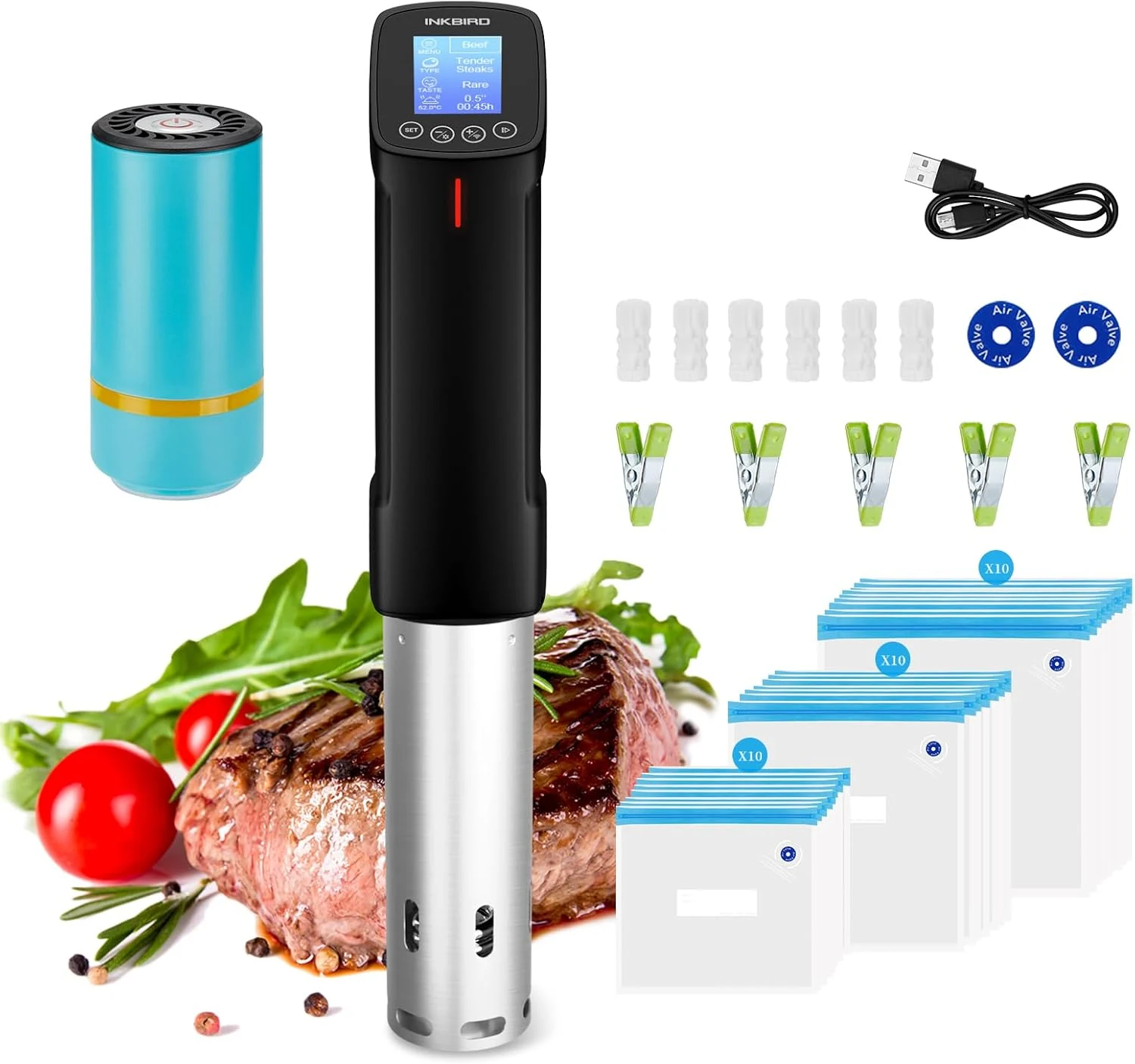 INKBIRD WIFI Sous Vide Cooker Bundle with 44PCS Vacuum Sealer Pump Sous Vide Starter Kits with 30PCS Sous Vide Bags, Recipes on APP,1000W Sous-Vide Machine for Steak