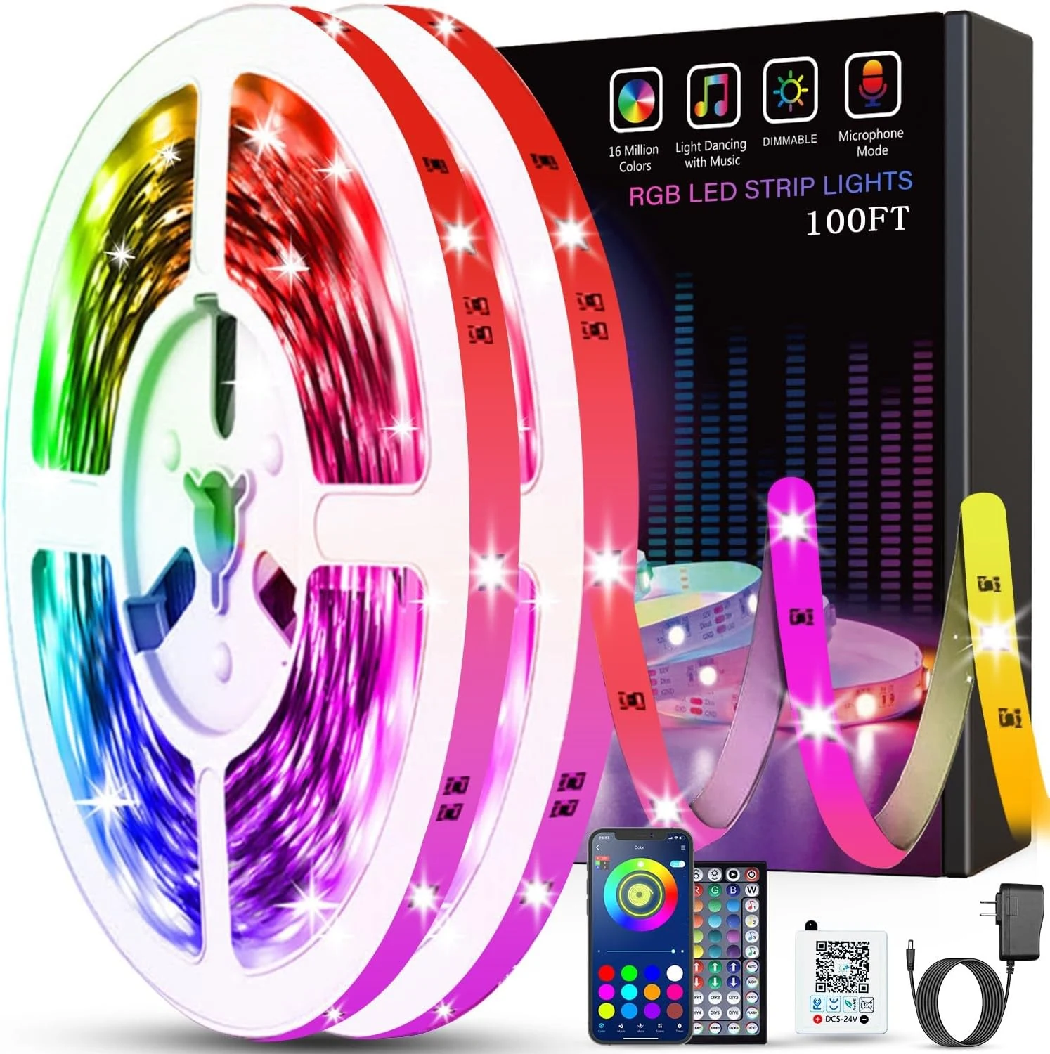 Tenmiro Led Lights for Bedroom 100ft (2 Rolls of 50ft) Music Sync Color Changing Strip Lights with Remote and App Control RGB Strip