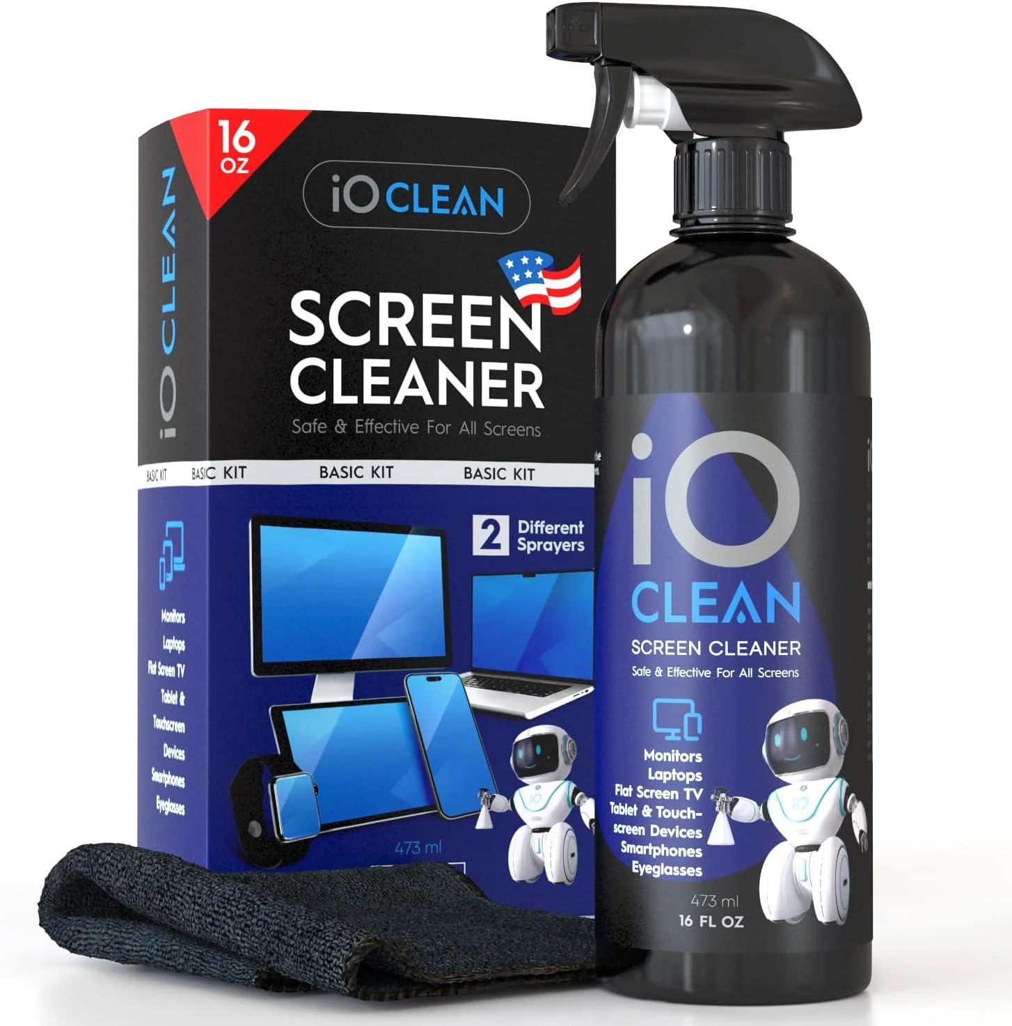 Screen Cleaner Spray (16oz - 473ml) – 2 Nozzles + Microfiber Cloth