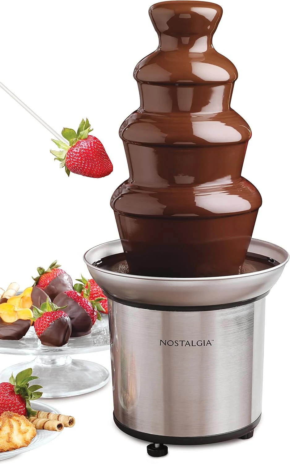 Nostalgia 4 Tier Electric Chocolate Fondue Fountain Machine for Parties - Melts Cheese, Queso, Candy, and Liqueur - Dip Strawberries, Apple Wedges, Vegetables, and More - 32-Ounce - Stainless Steel