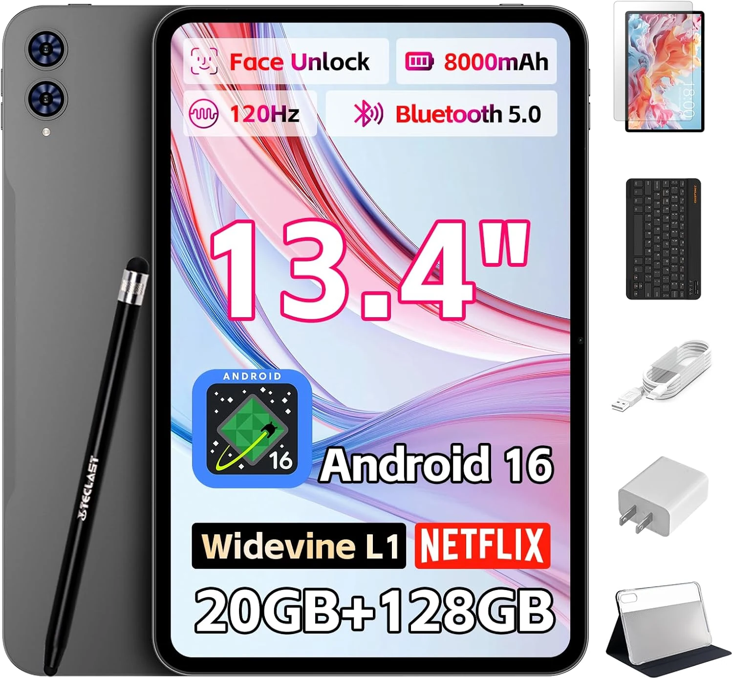 TECLAST 13" Best Android 16 Tablet with Keyboard Bundle, Gaming Tablet with Keyboard|Case|Pen|Protective Film, 20GB RAM+128GB ROM, 120Hz, Octa-Core, 8000mAh, 4G LTE