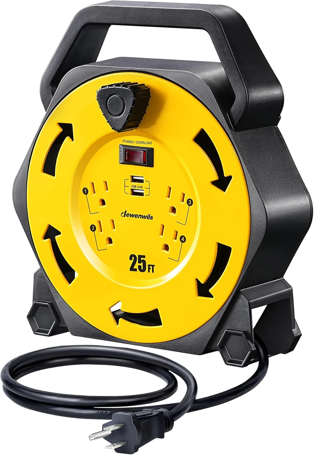 DEWENWILS Cord Reel with 4 Power Outlets, 2-USB Ports and 25FT Retractable Extension Cord