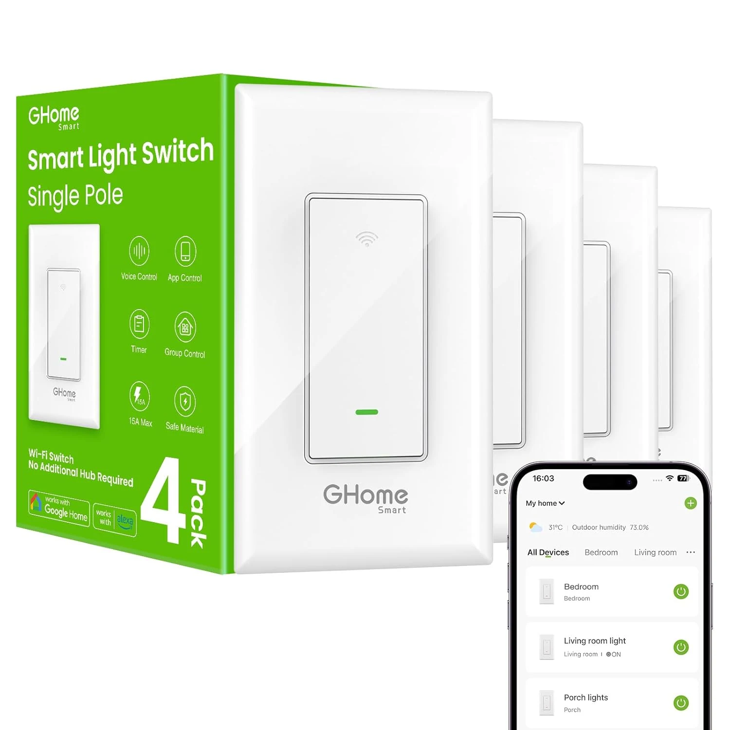 GHome Smart Switches for Lights, WiFi Smart Light Switch Works