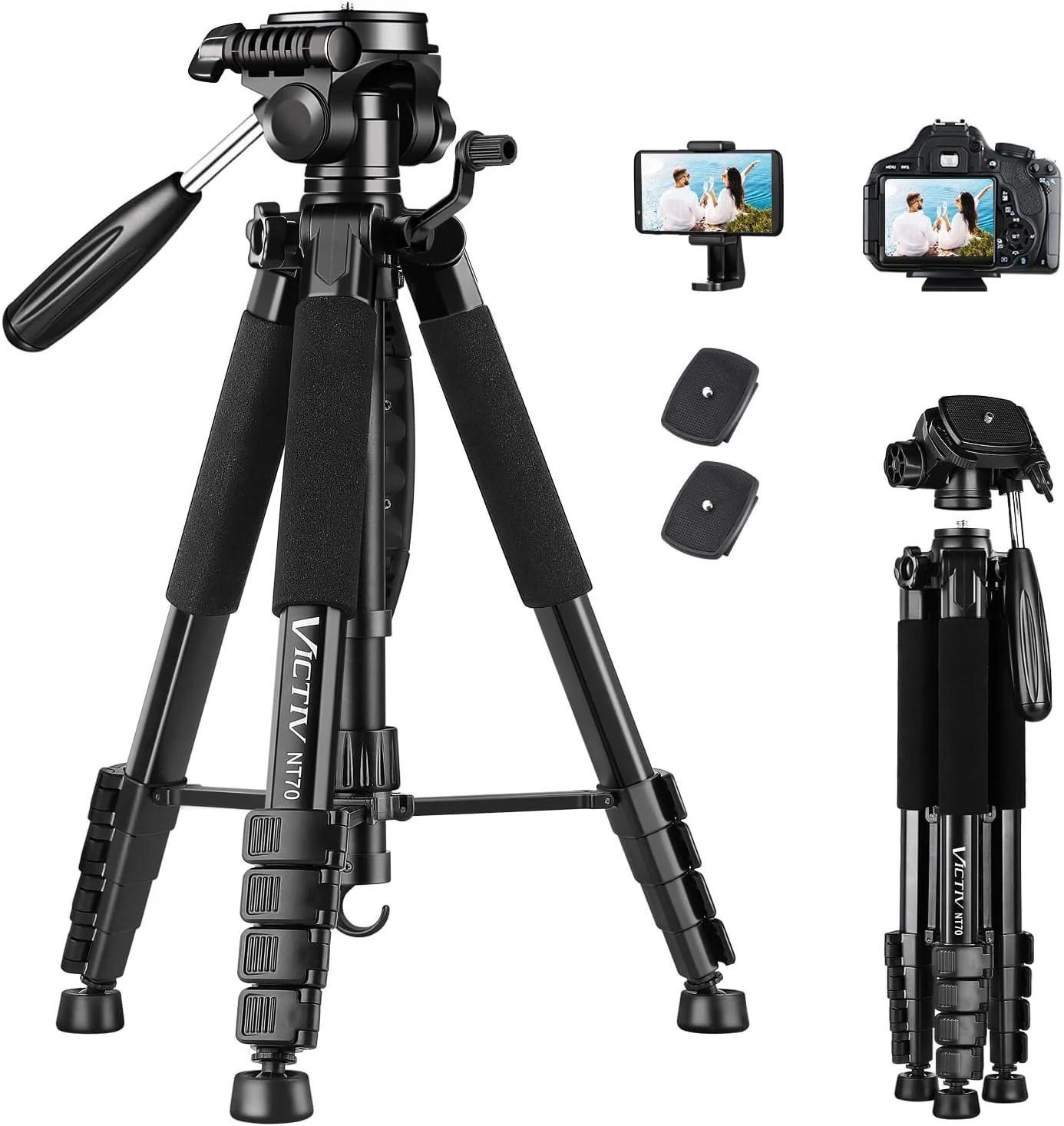 VICTIV 74” Camera Tripod, Tripod for Camera and Phone, Aluminum Professional Tripod Stand for Canon Nikon with Carry Bag and Phone Holder