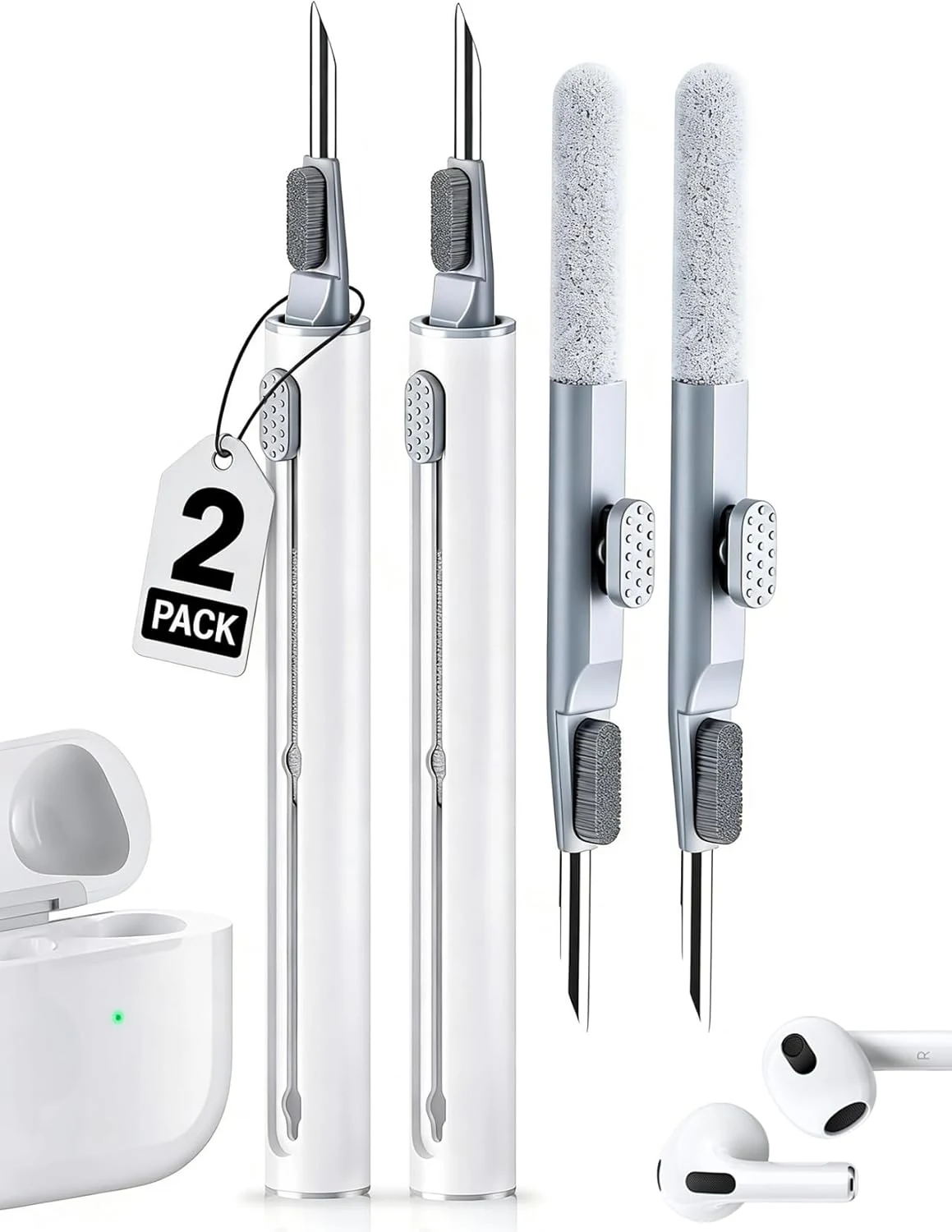 2 Pack Cleaner Kit for Airpods Pro 4 3 2 1, Multi-Function Cleaning Pen Tool with Soft Brush Flocking Sponge for Wireless Earbuds Bluetooth Headphone iPhone Electronics