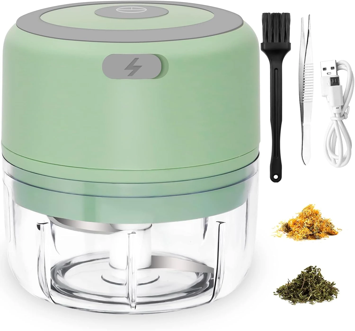Electric Herb Grinder for Spice- Efficiency 3.4oz Large Grinder for Grinding Fresh and Dry Herb, Portable USB Charge with Clear Chamber, Clean Brush and Tweezers (Pale-green)