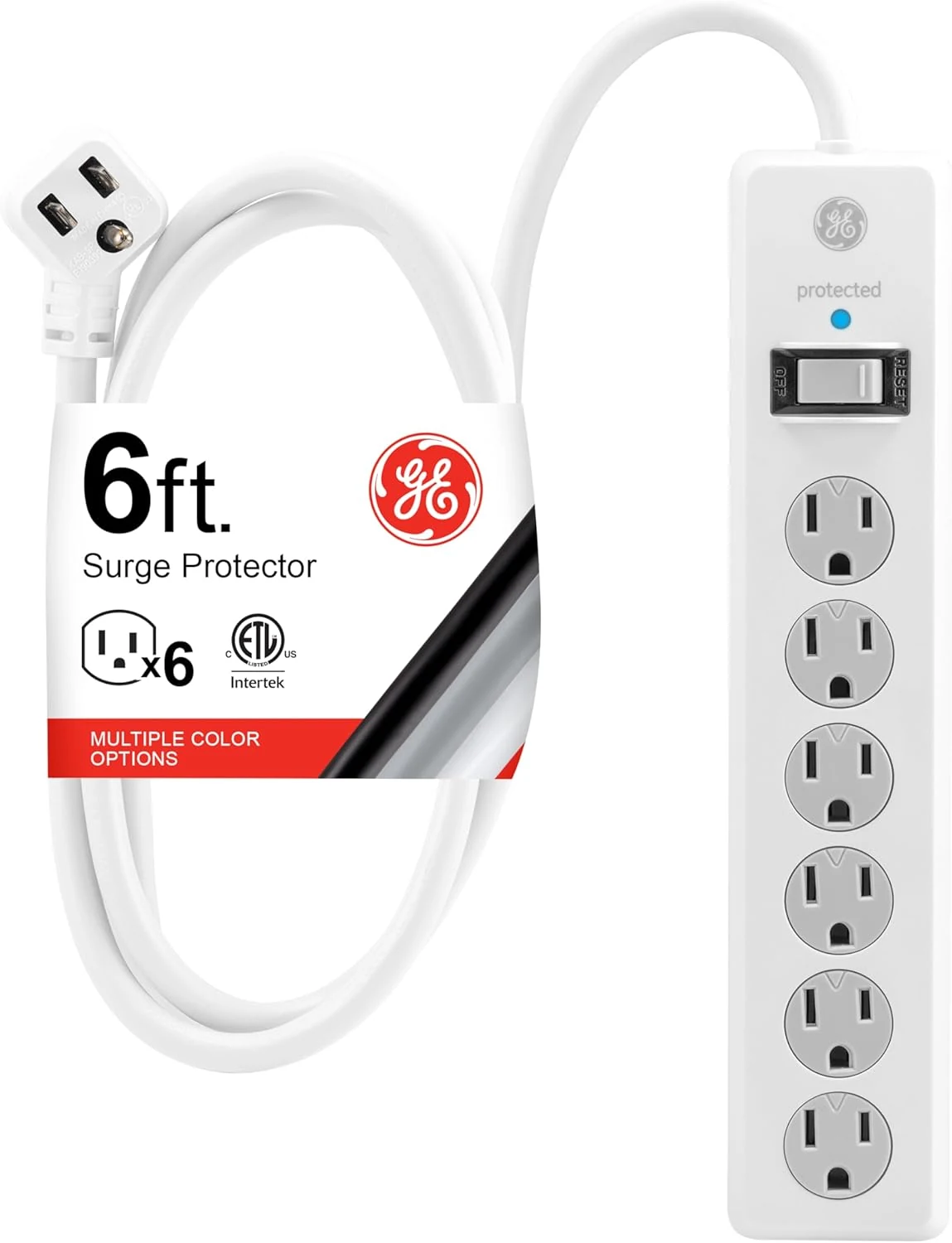GE Surge Protector Power Strip, 6 Ft Extension Cord, 6 Outlet Extender, 800 Joules, Flat Plug, Twist-to-Close Safety Covers (67051)