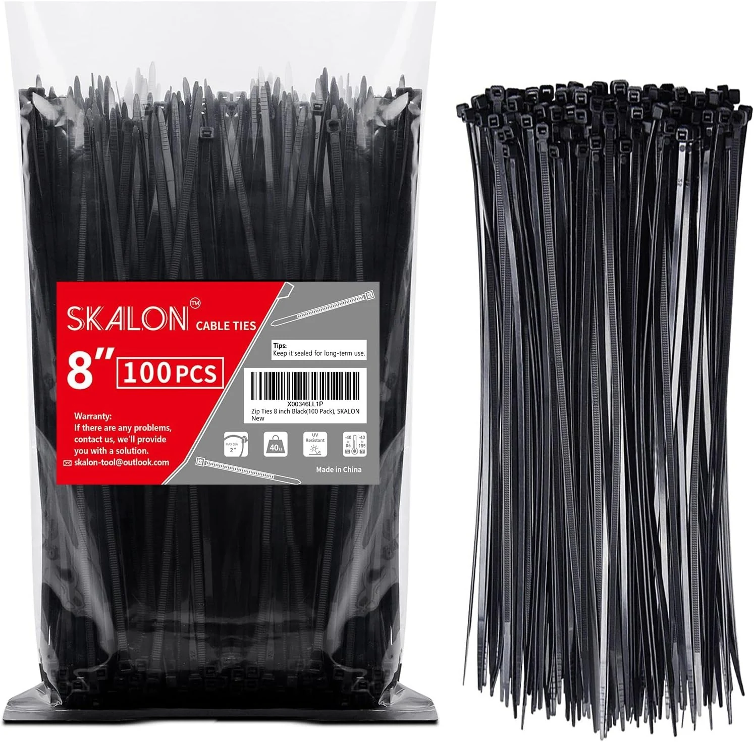 Zip Ties 8 inch (100 Pack), 40lbs Tensile Strength, Black Cable Ties, Wire Ties by SKALON
