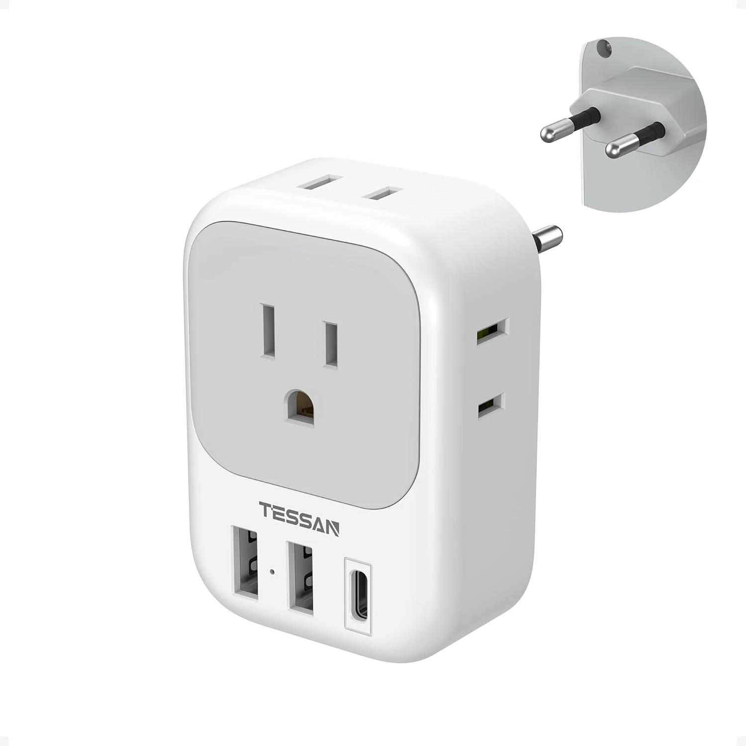 TESSAN European Travel Plug Adapter USB C (Type C for Europe) with 4 AC Outlets + 3 USB Ports