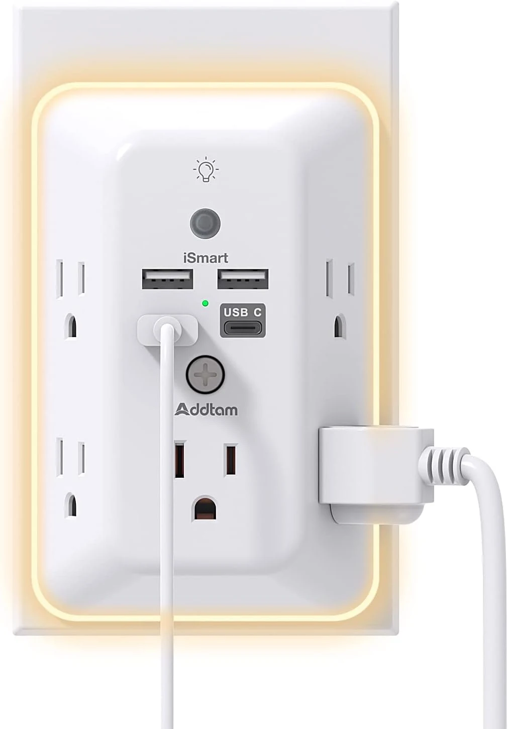 Addtam 9-in-1 Surge Protector Outlet Extender with Night Light and USB (5 AC + 4 USB)