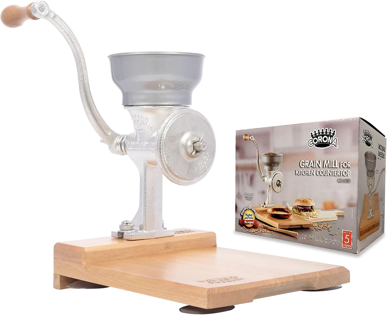 Corona Cast Iron Grain Mill with Wooden Table, Manual Grinder with Table For Corn, Rice, Lentils, Chickpeas, Cast Iron Grinder For Domestic Use