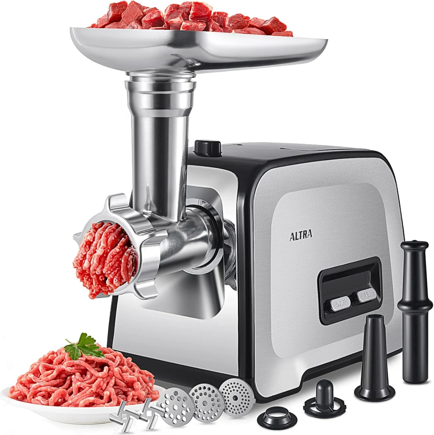 ALTRA LIFE Electric Meat Grinder, 2800W Max Sausage Stuffer with 2 Blades, 3 Plates, Sausage Tube, Vegetable Cheese Grater, 2 Meat Claws, Burger Press & Kubbe Kit