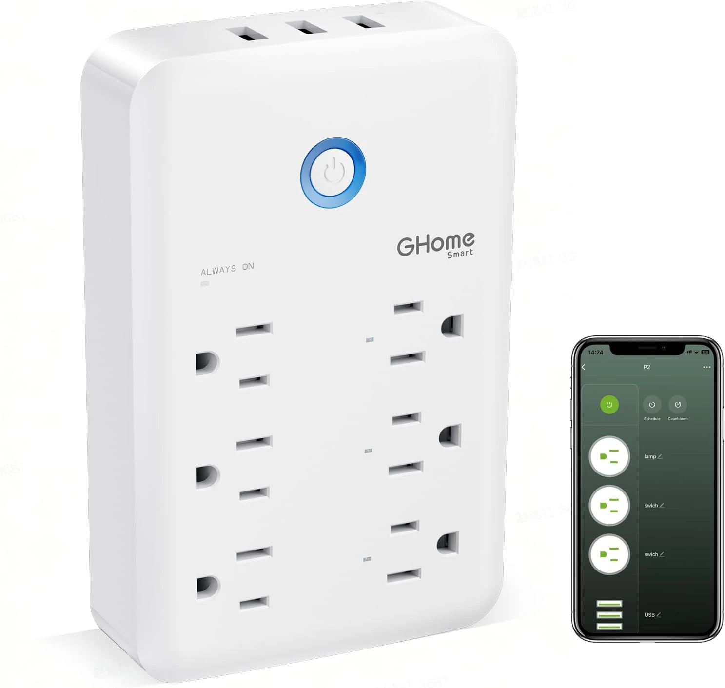 GHome Smart Plug Outlet Extender, USB Wall Charger with 3 Individual Smart Outlets and 3 Smart USB Ports