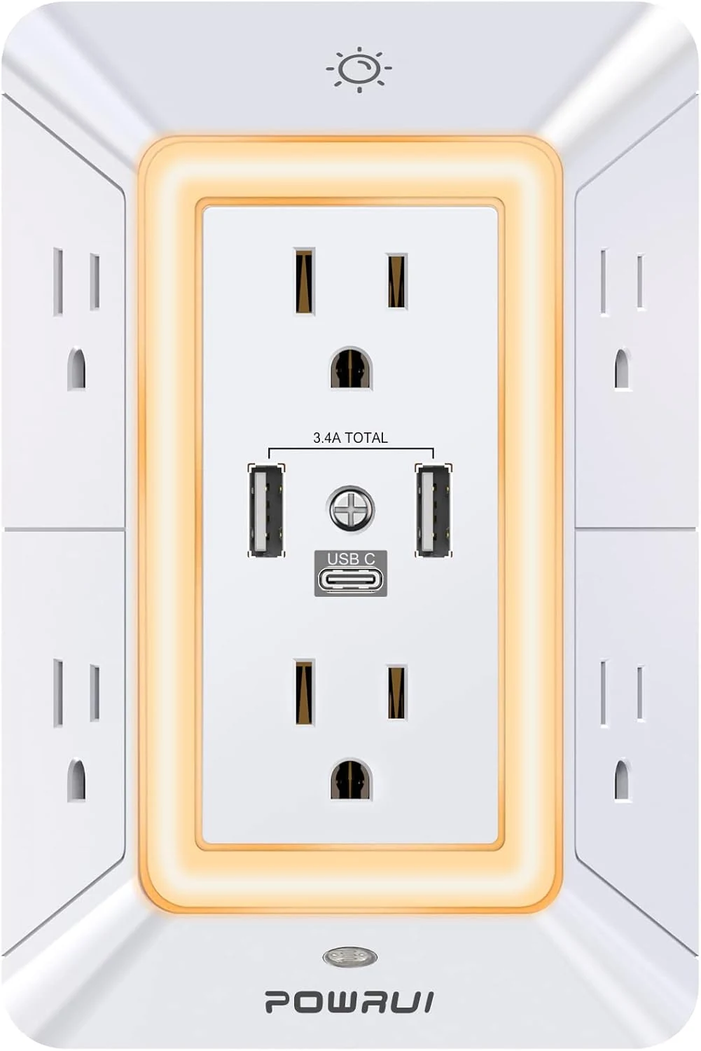 POWRUI Multi Plug 6 Outlet Surge Protector Extender with 3 USB Ports (1 USB C) and Night Light