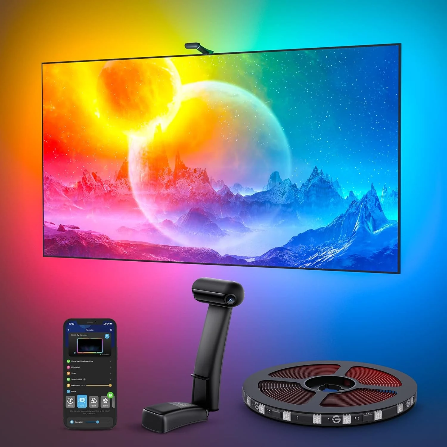 Govee Envisual TV Backlight T2 with Dual Cameras, 16.4ft RGBIC Wi-Fi LED Backlights for 75-85 inch TVs