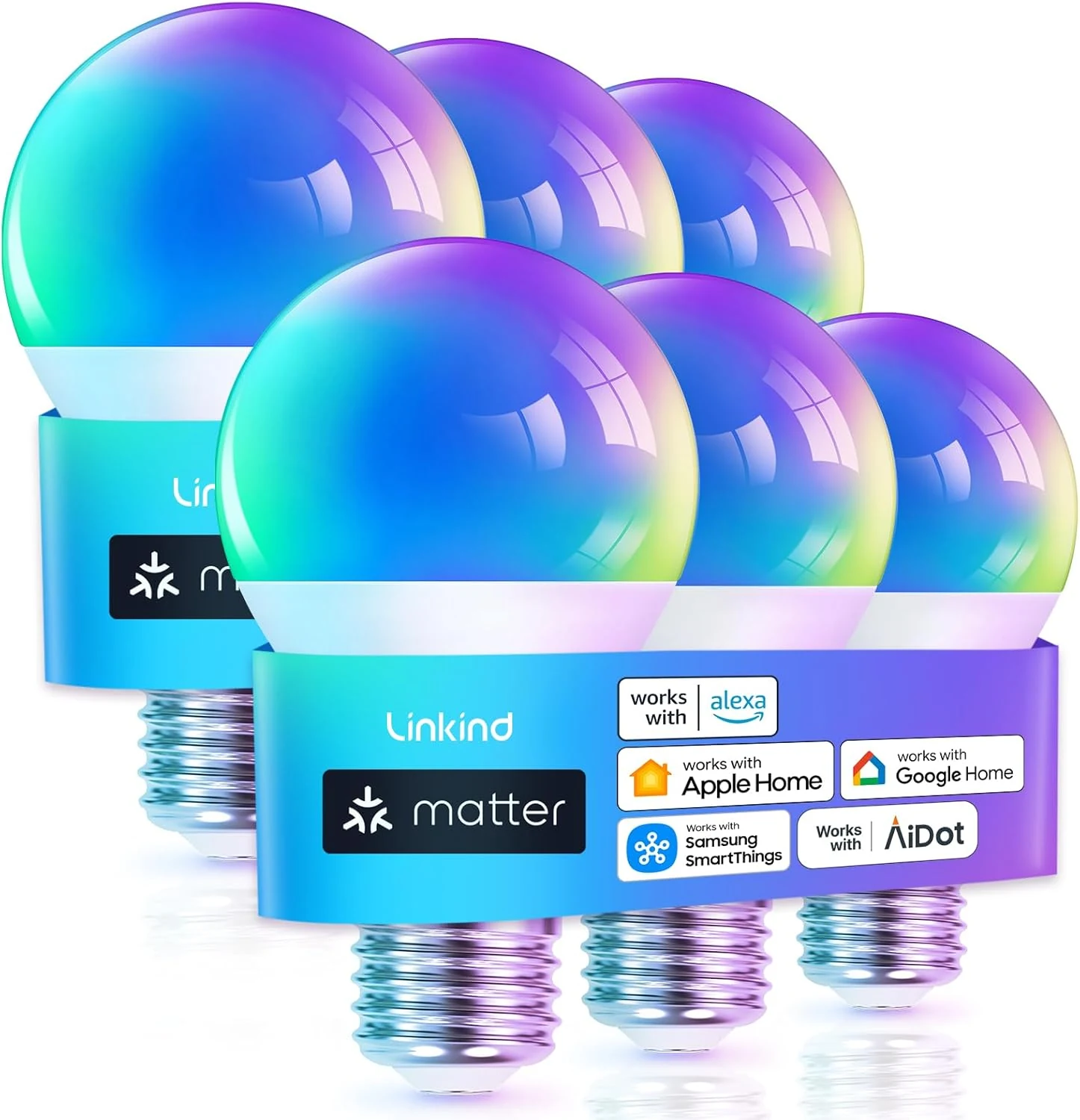 Linkind Matter Smart Light Bulb, WiFi Smart Bulbs, Work with Apple Home, Siri, Alexa, Google, SmartThings, AiDot, RGBTW Color Changing Bulbs Mood Lighting, Music Sync, A19 E26 60W, 2.4Ghz WiFi 6 Pack