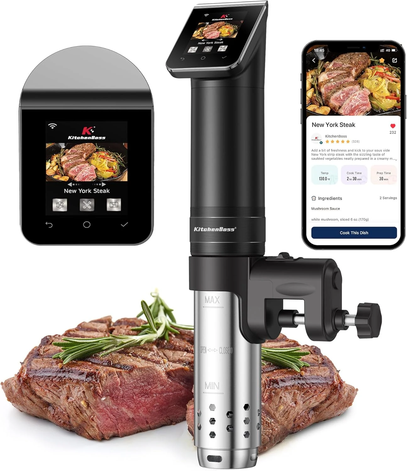 KitchenBoss WIFI Sous Vide Cooker: Ultra-Quiet Sous-vide Cooking Machine 1100 Watts Stainless Steel Immersion Circulator for Kitchen with TFT Preset Recipes (Black)
