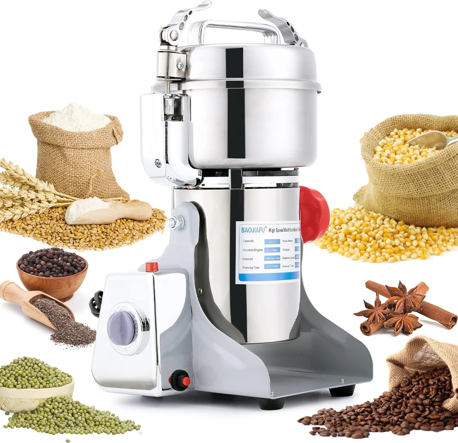 BAOJIAFU Electric Grain Mill Grinder 800g (1800W, 304 Stainless Steel, 36000r/min)