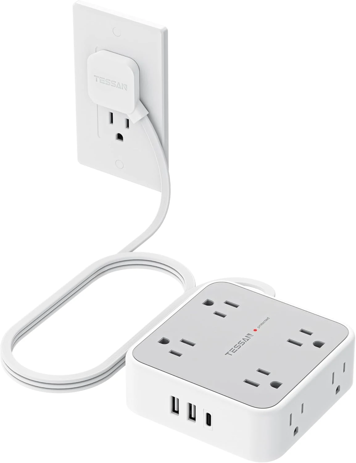 TESSAN Surge Protector Power Strip, 5 Ft Flat Plug Extension Cord with 3 USB (1 USB C) 8 Outlets, 1250W, 900J Protection, 3 Sided Outlet Extender with Power Switch for Office, Dorm Room, Grey