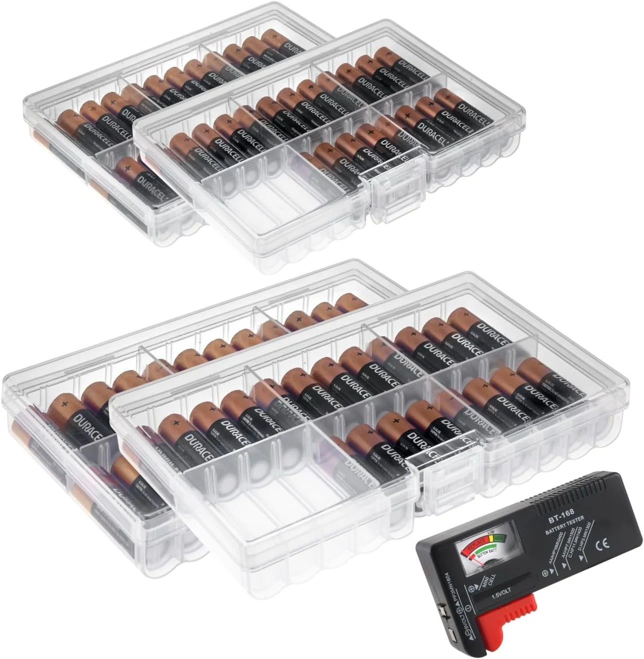 GlossyEnd Set of 4 - Two AA and Two AAA Battery Storage Box, Battery Storage Case Holder with Tester, Clear
