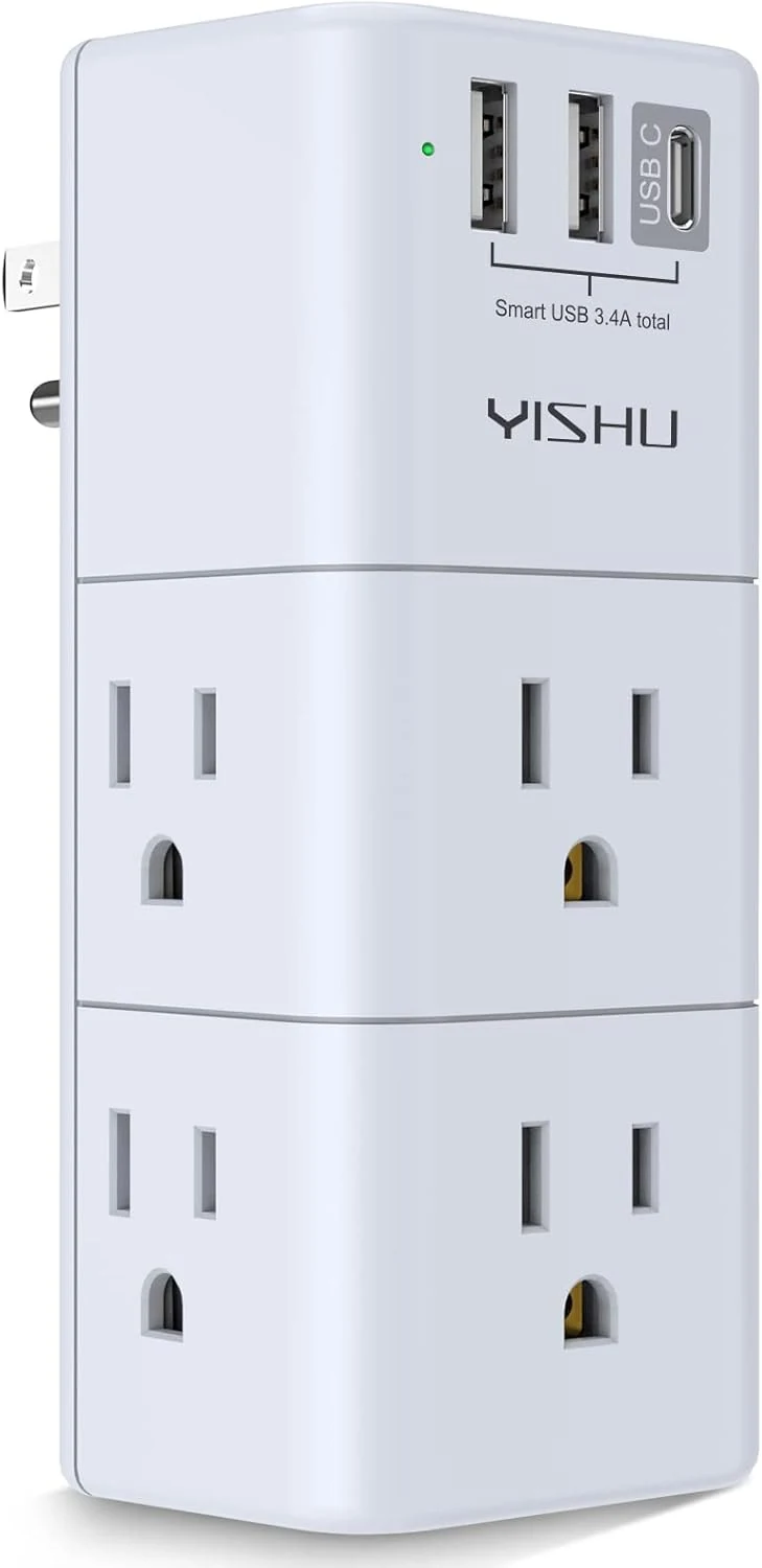 YISHU USB Multi Plug Outlet Extender (Rotating 6-Outlet Power Strip with 3 USB Ports, 900J Surge Protection)