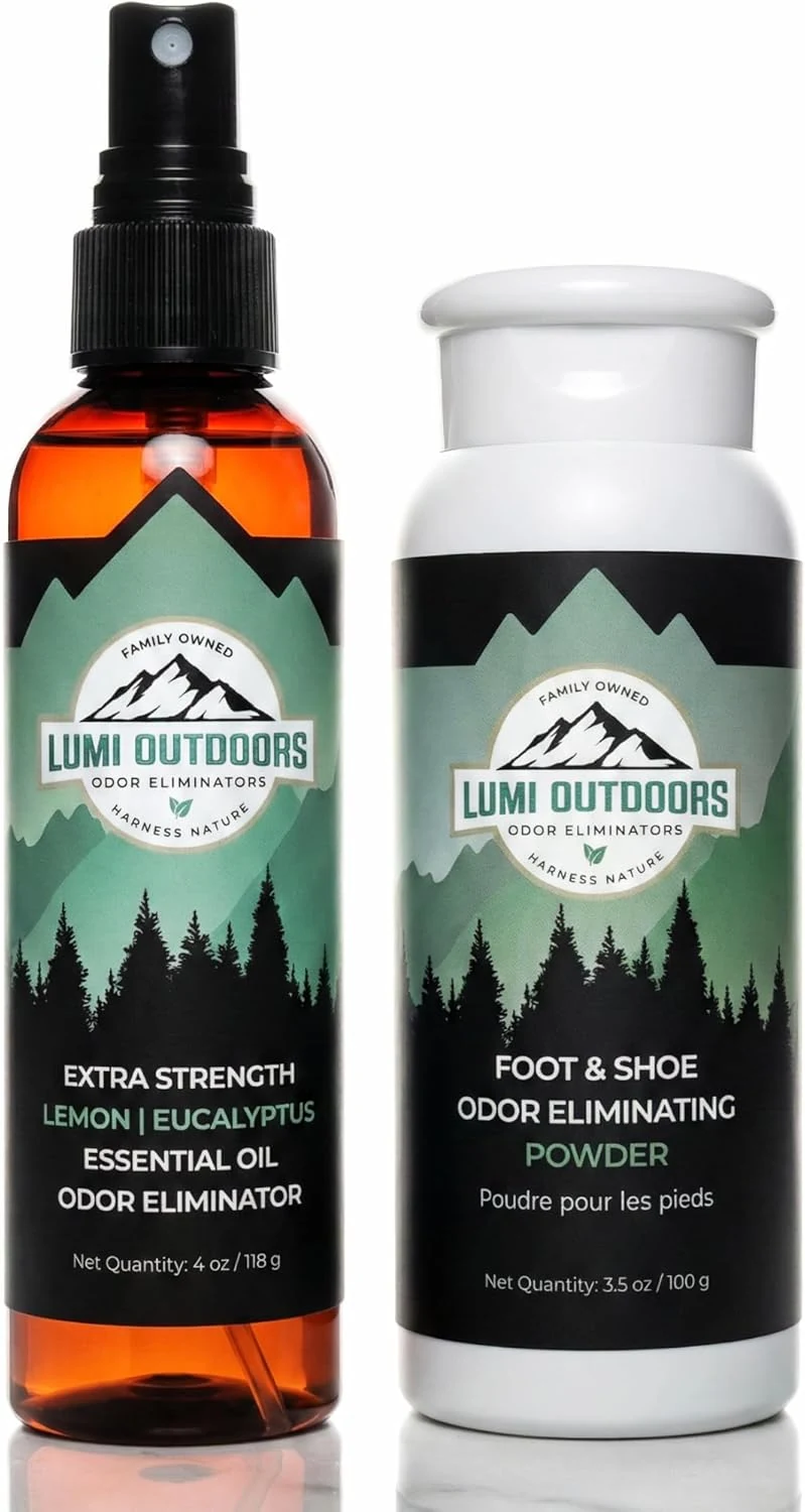 Lumi Outdoors Natural Shoe Deodorizer Spray and Foot Powder Bundle - Lemon Eucalyptus and Foot Powder