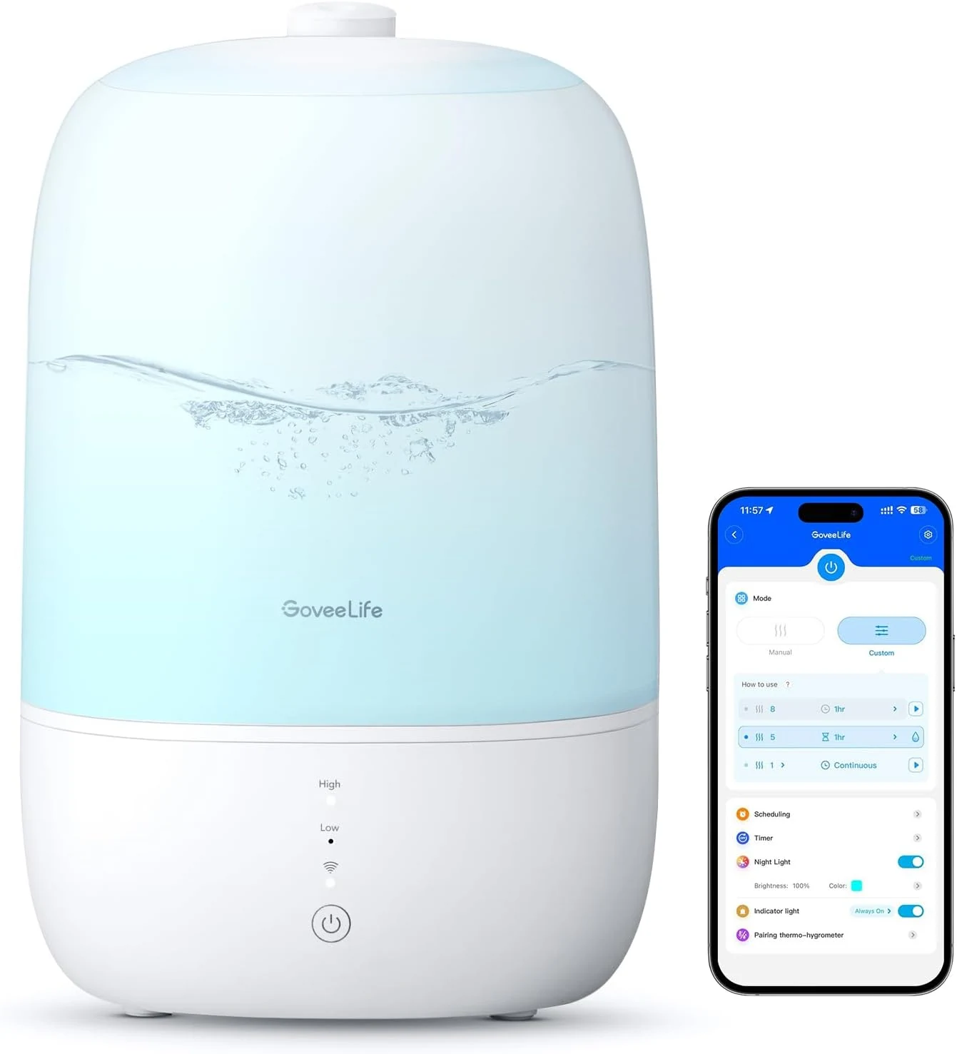 GoveeLife Smart Humidifiers for Bedroom, 3L Top Fill Cool Mist Humidifier, 24dB Quiet Runtime, Humidity Control, WiFi Air Humidifier with Night Light, for Baby, Plants, Home, Work with Alexa