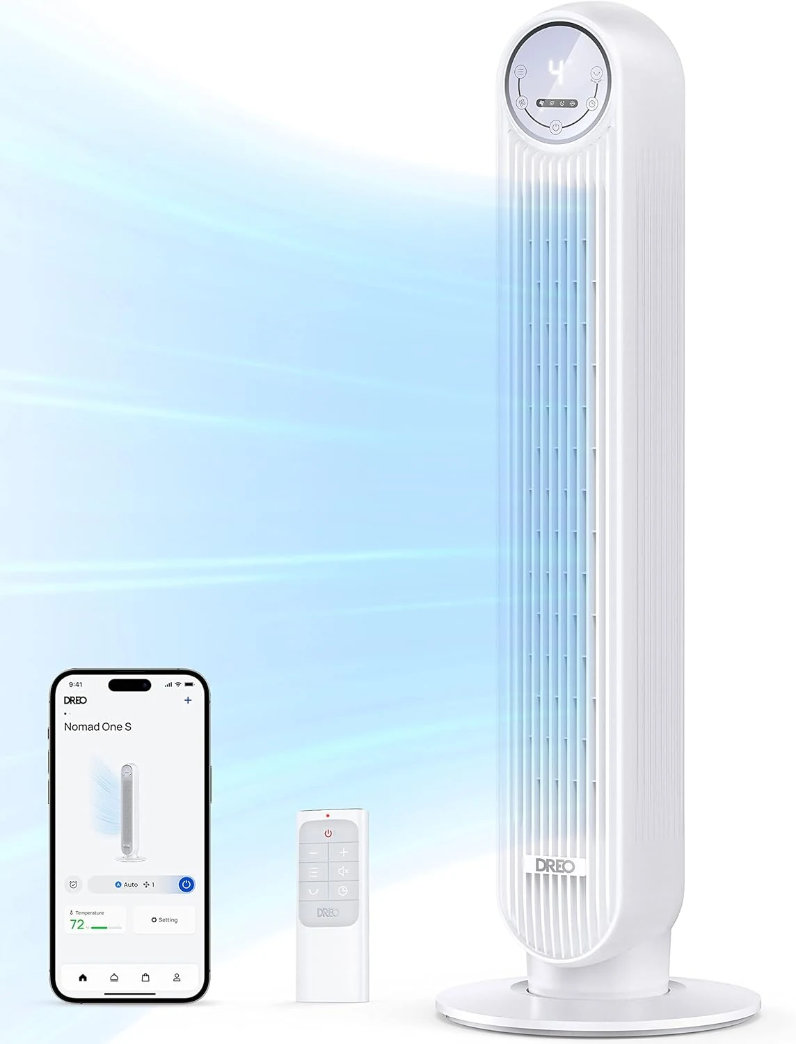 DREO Tower Fan for Bedroom, 25ft/s Smart Standing Fans, 90° Oscillating Floor Fan