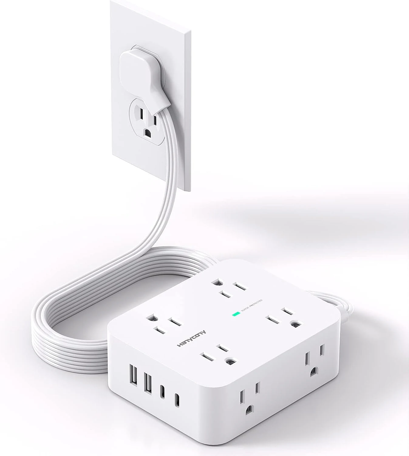 HANYCONY Surge Protector Power Strip (Flat Plug, 8 Outlets, 4 USB, 1080J)