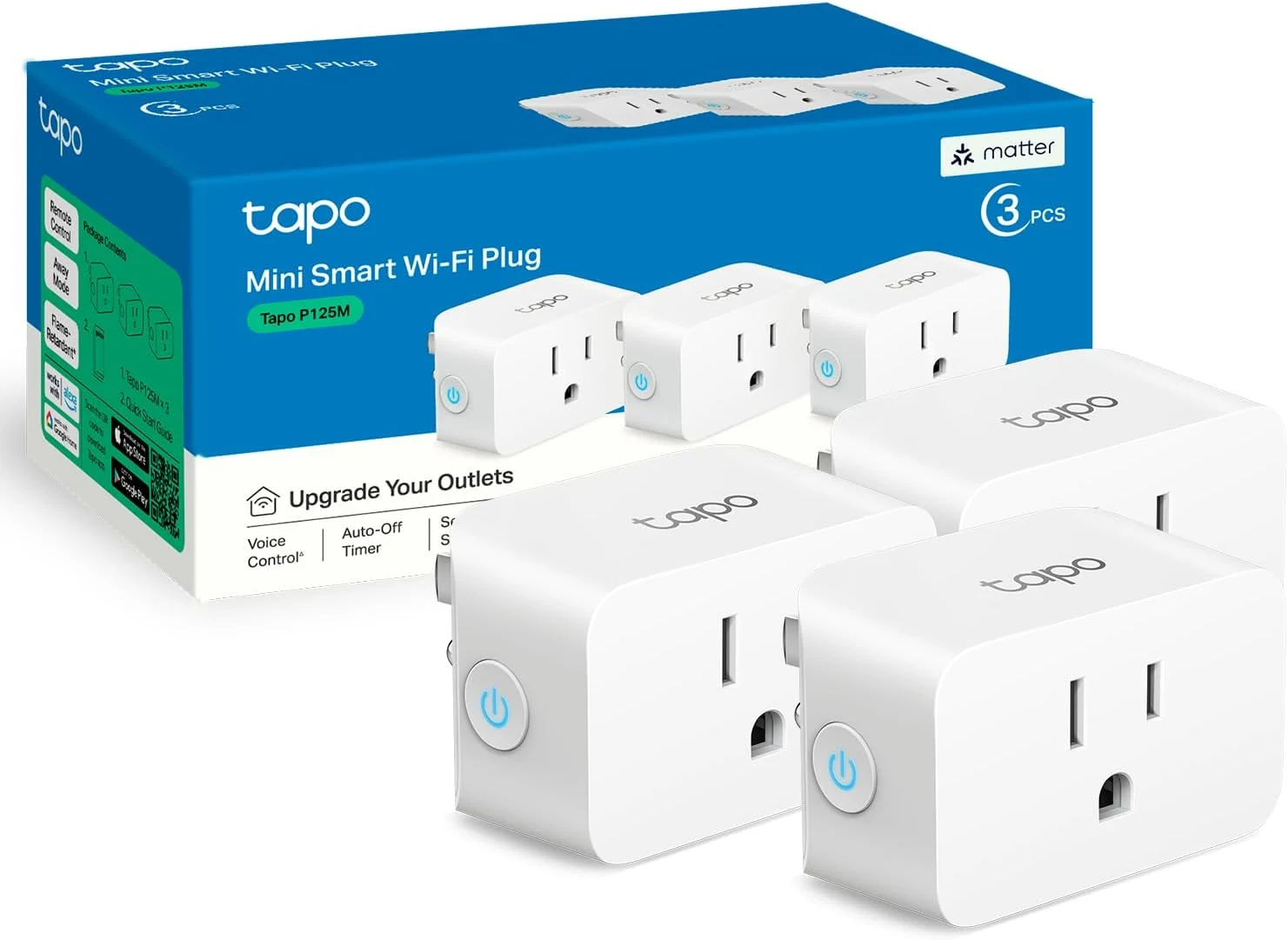 TP-Link Tapo Matter Supported Smart Plug Mini, Compact Design, 15A/1800W Max (P125M, 3-Pack)