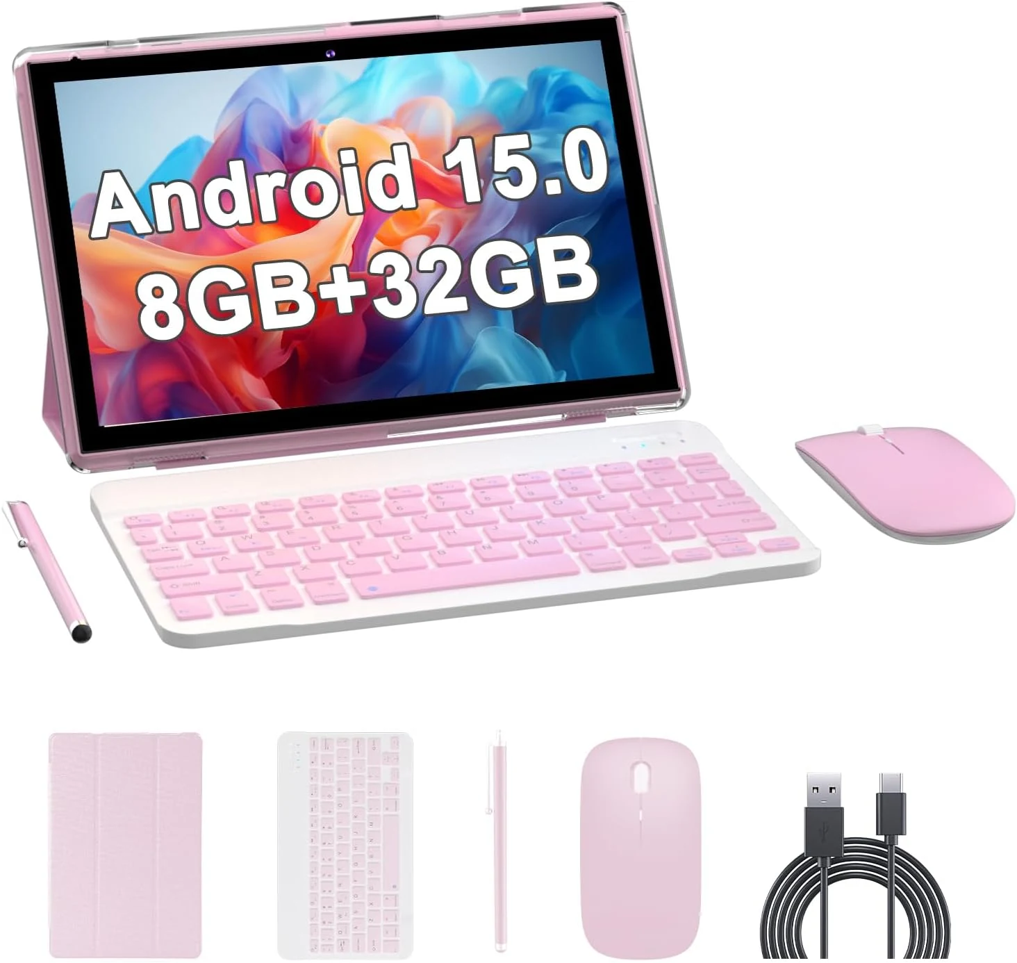 Android 15 Tableta, 2 in 1 Tablet 10 Inch with Keyboard Case, 8GB+32GB ROM/1TB, Quad Core, Dual Carema, Games, Wi‑Fi, BT, GMS (Pink)