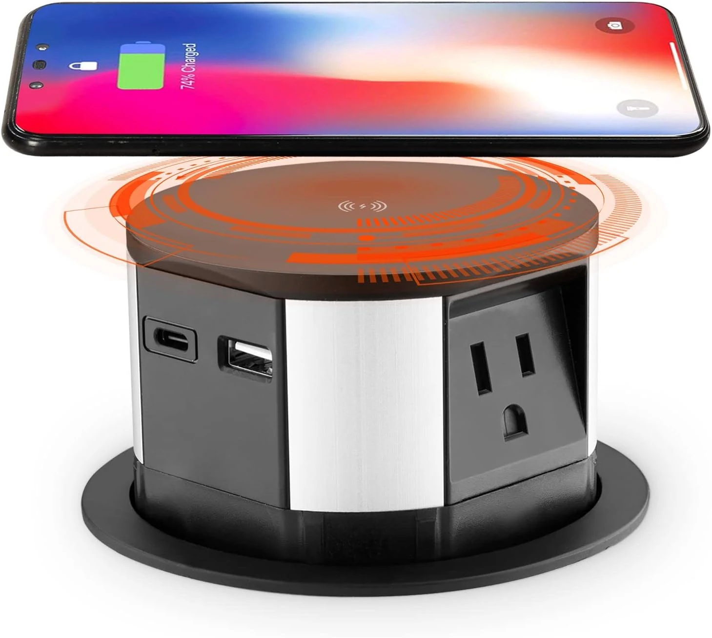 Link2Home Wireless Charging Pop Up Outlet with USB, Space Saver Retractable Power Station with 3 Outlets (15A), 2 USB A/C Ports (3.0A)