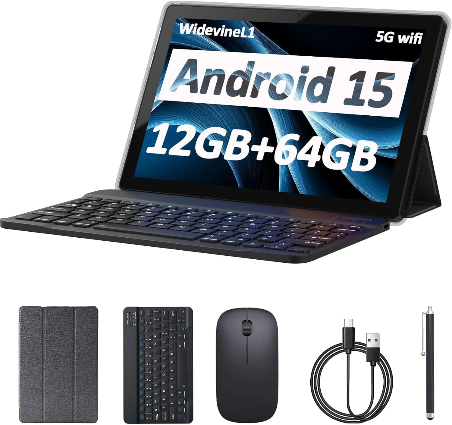 Android 15 Tablet 10 Inch, 12GB RAM+64GB ROM+1TB Expandable, 2 in 1 Tablets with keyboard/ Case/ Mouse/ Stylus