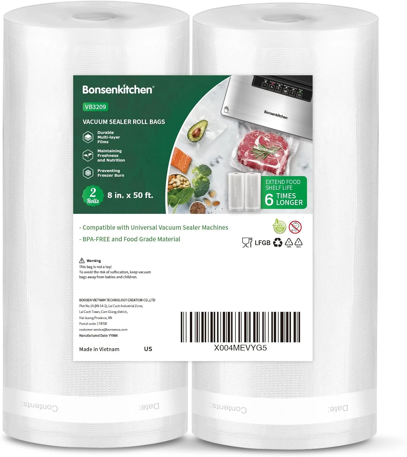 Bonsenkitchen Vacuum Sealer Bags, 8" x 50' Rolls 2 pack