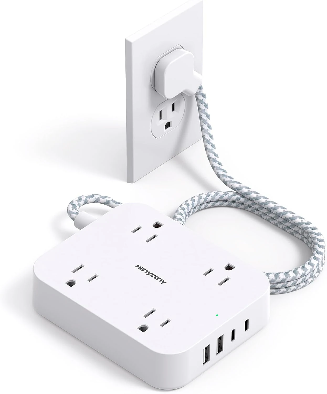 HANYCONY Flat Plug Extension Cord (5ft) with 4 USB Ports (2 USB-C) and 4 AC Outlets