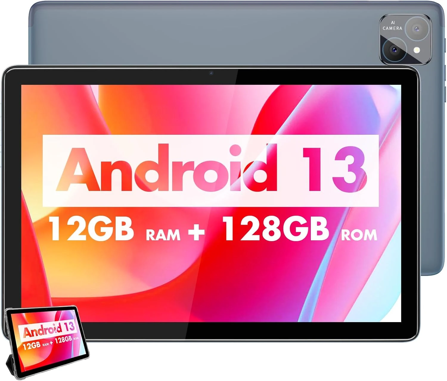 NEWISION 10 Inch Android Tablet with 4G Phone Call, 12GB RAM (6+6 Expandable) 128GB, 8MP+5MP Camera, 8000mAh Battery, 5GHz WiFi, Bluetooth 5.0, GPS, HD IPS Screen, with Case - Gray