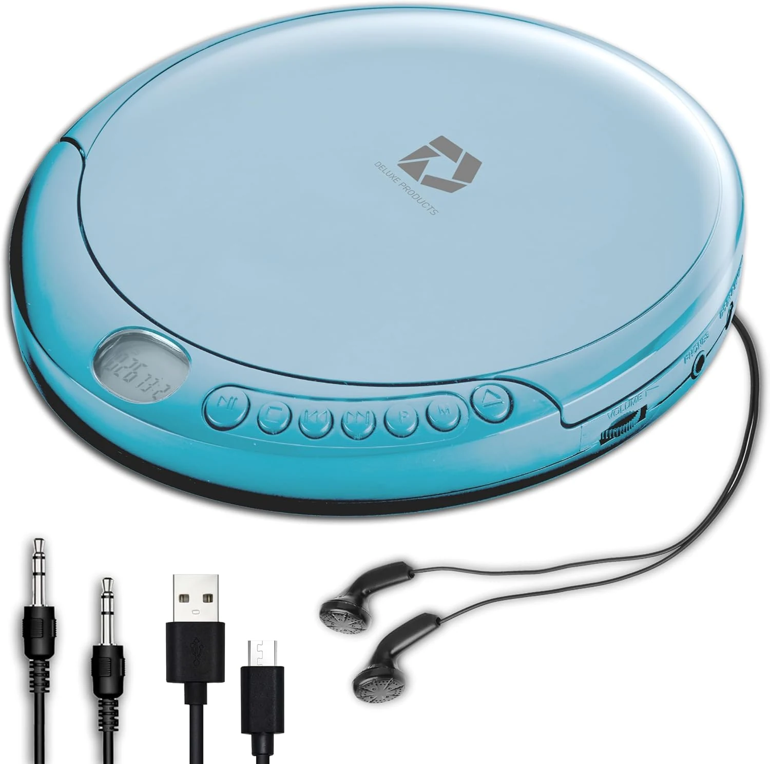 Deluxe Products CD Player Portable with 60 Second Anti Skip, Stereo Earbuds, Aux In Cable and AC USB Power Cable (Blue)
