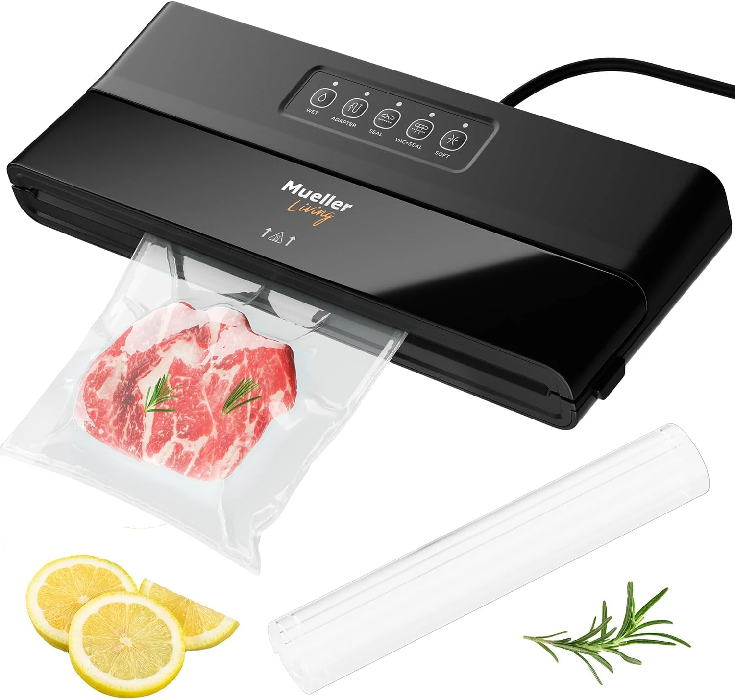 MuellerLiving Vacuum Sealer Machine, Compact Vacuum Sealer Kit with Bags/Roll, LED Light Indicators, Preserve, Marinate, Sous Vide (Black)