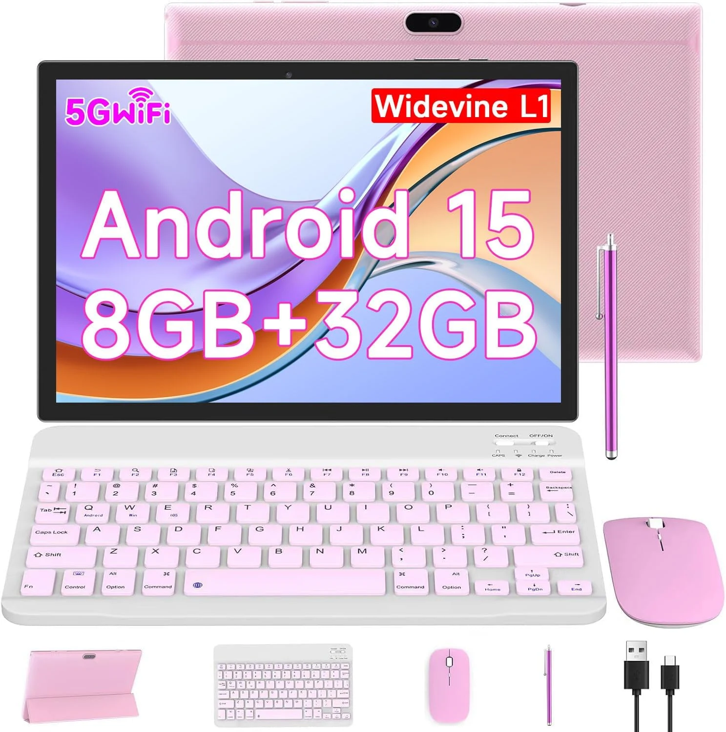 CUPEISI 10 Inch Android 15 Tablet, 2 in 1 Tablets with Keyboard/ Mouse/ Case/ Stylus, 8GB RAM+32GB ROM/1TB Expandable