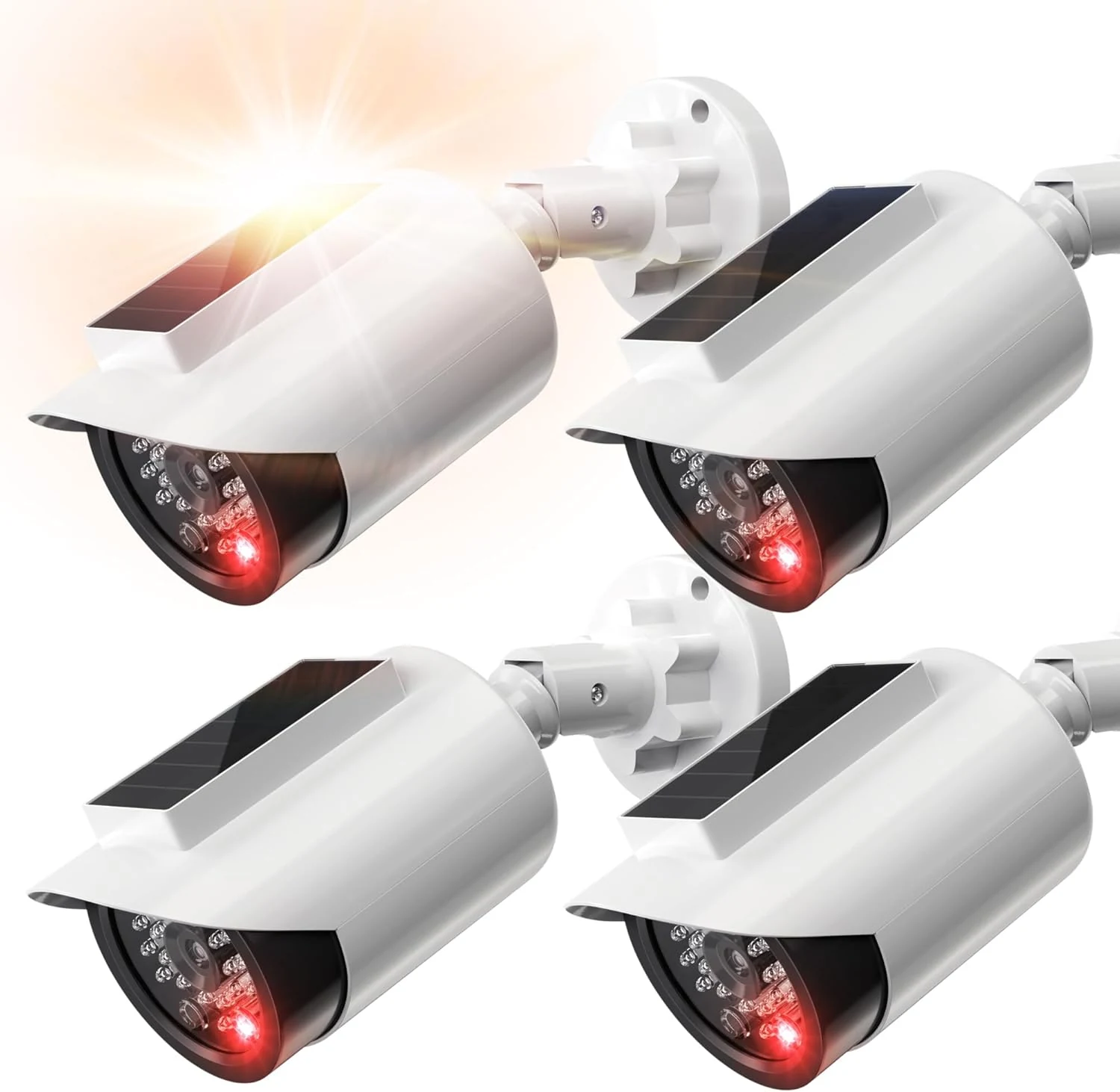 BNT Solar Powered Fake Security Camera, Bullet Shape Fake Surveillance Camera with Red LED Light for Night, Security Warning Sticker (White 4 Pack)