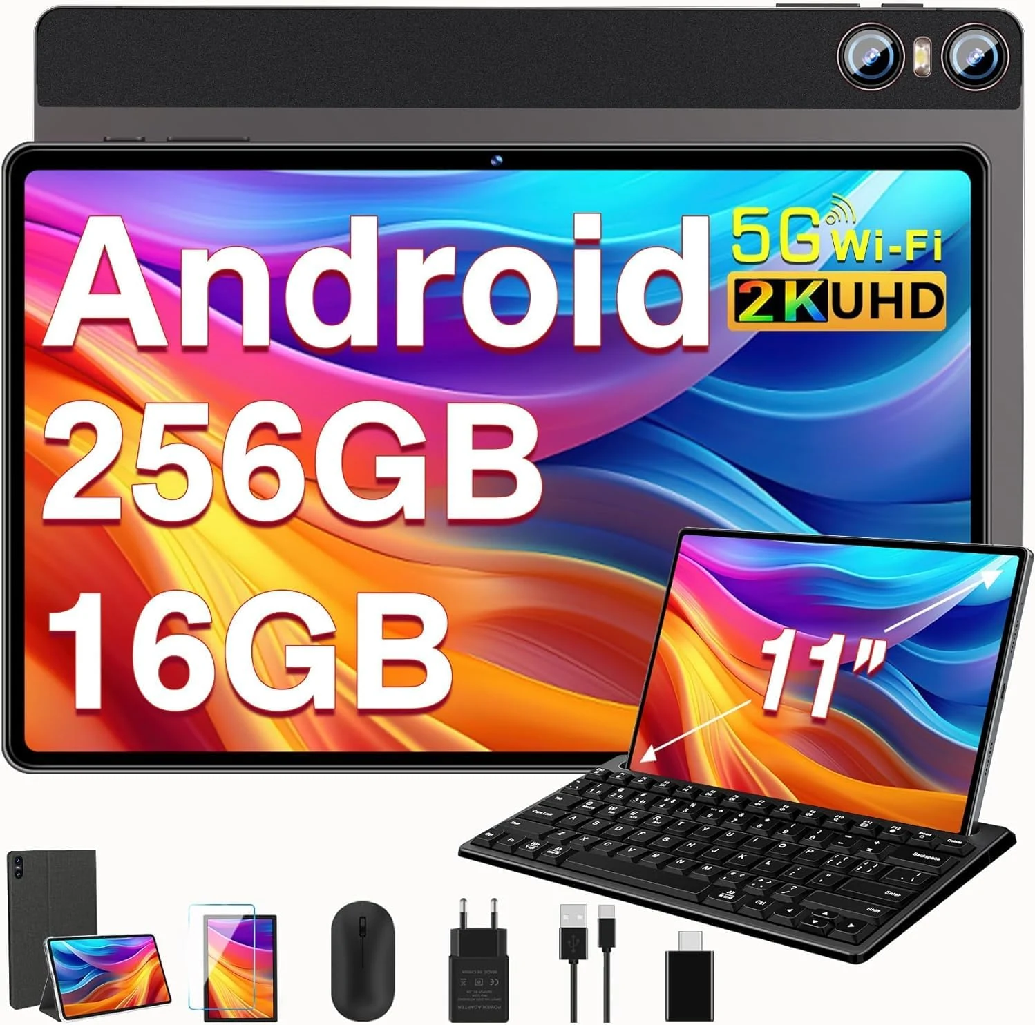 SEBBE 2026 Tablet 11 Inch Android, Gemini AI Screen 2K, 16GB RAM +256G + 2TB TF, 10000mAh, 2.0 GHz Octa-Core,Widevine L1,8 MP + 20 MP+2 MP,2000 * 1200 Pixels, Metal Cover with Mouse Keyboard Brown