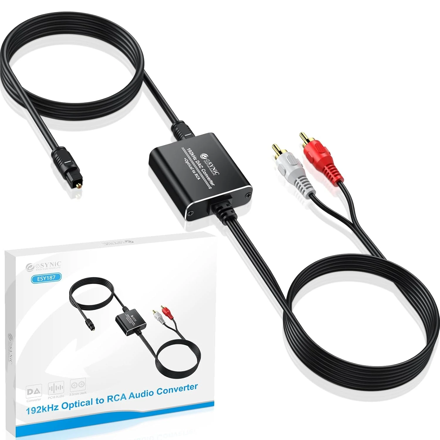 eSynic Portable Optical to RCA Adapter (7 ft, Built-in DAC, PCM 192kHz)