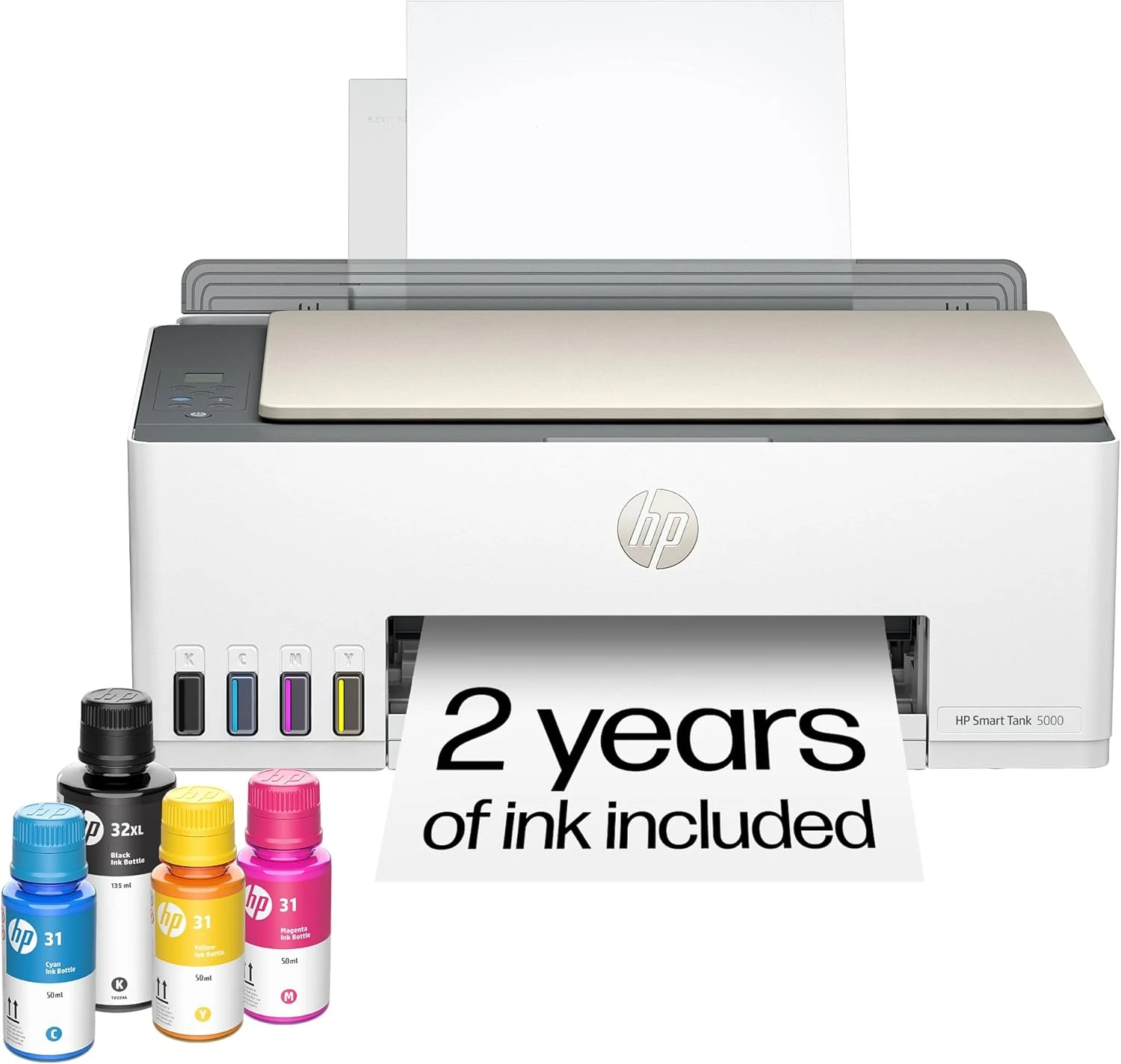 HP Smart Tank 5000 Wireless All-in-One Ink Tank Printer, Scanner, Copier with 2 Years of Ink Included, Cartridge-Free Refillable, AI-Enabled