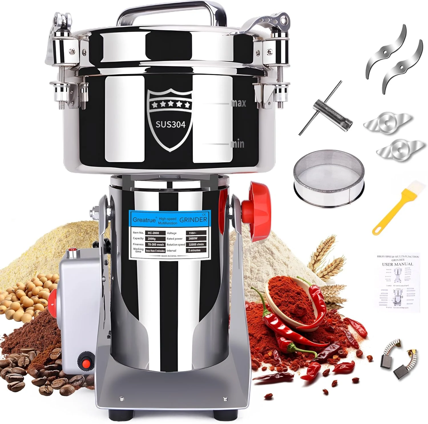 2000g Electric Grain Mill Grinder, 304 Stainless Steel Flour Mill, 3600W High Speed Spice Grinder