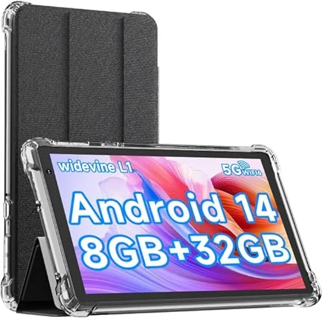 IWEGGO Android 14 Tablet with Case, 7 Inch 8GB RAM+32GB ROM/ 1TB Expandable Computer, 5MP Camera Tablets, 1.6Ghz Quad-core Processor, 3000mAH Battery Tablet PC, 5G WiFi, Games 7'' Android Laptop Black