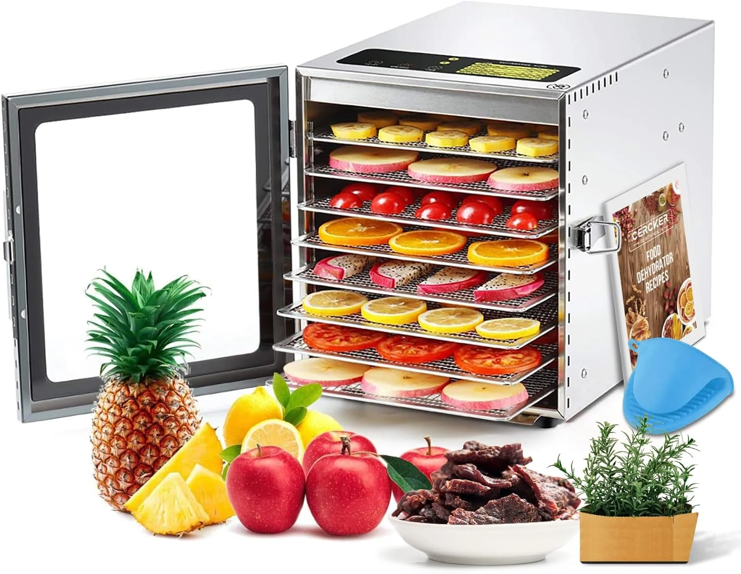 Cercker Food-Dehydrator Machine 8 Stainless Steel Trays, 500W Jerky Dehydrator for Meat, 190ºF Mushroom Dryer, 24H Timer Fruits Dryer for Herbs, Veggies, Yogurt & Dog Treats