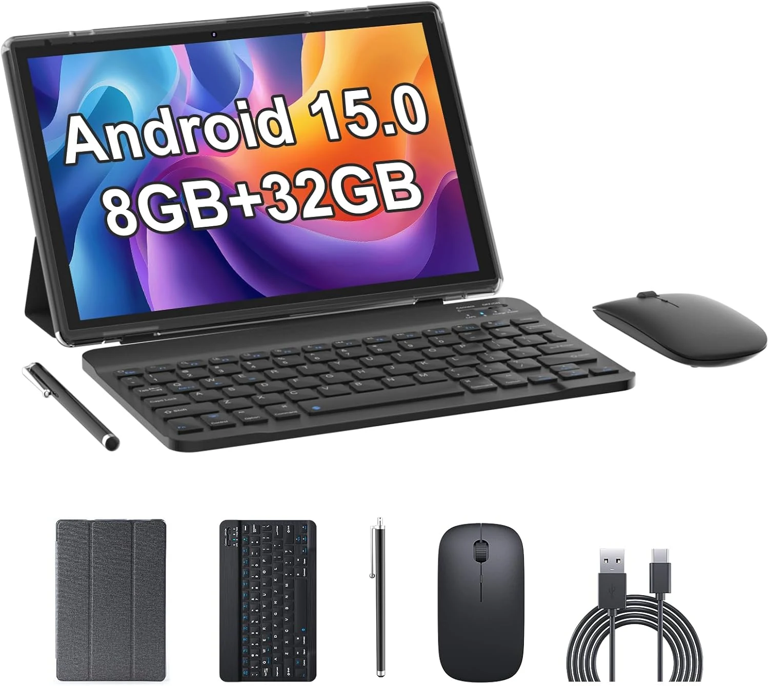 BYANDBY Android 14, 2 in 1 Tablet with Keyboard, 10 inch Tablets (Black)
