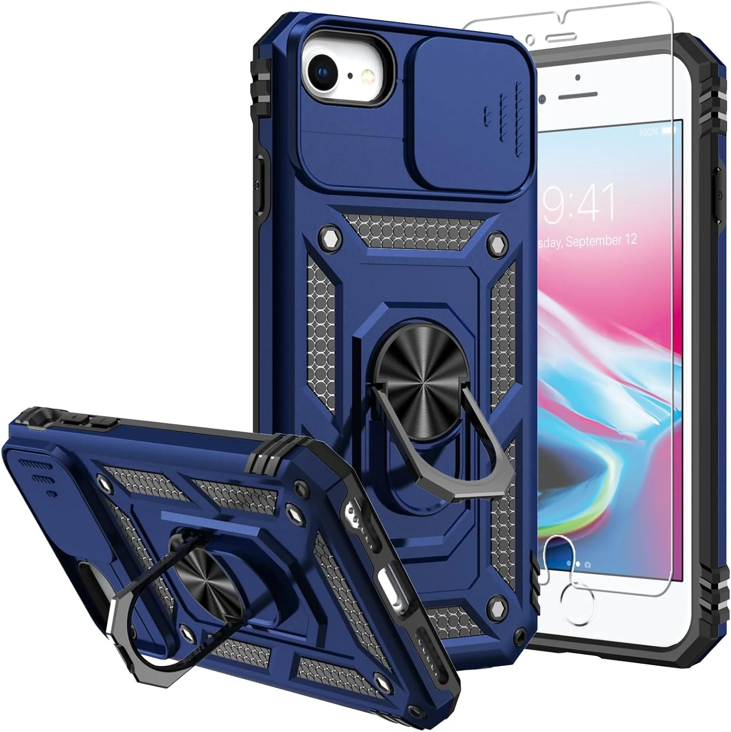 SKMY case bundle for iPhone SE 2022/3rd/2020 and iPhone 8/7 (with screen protector and camera cover), blue