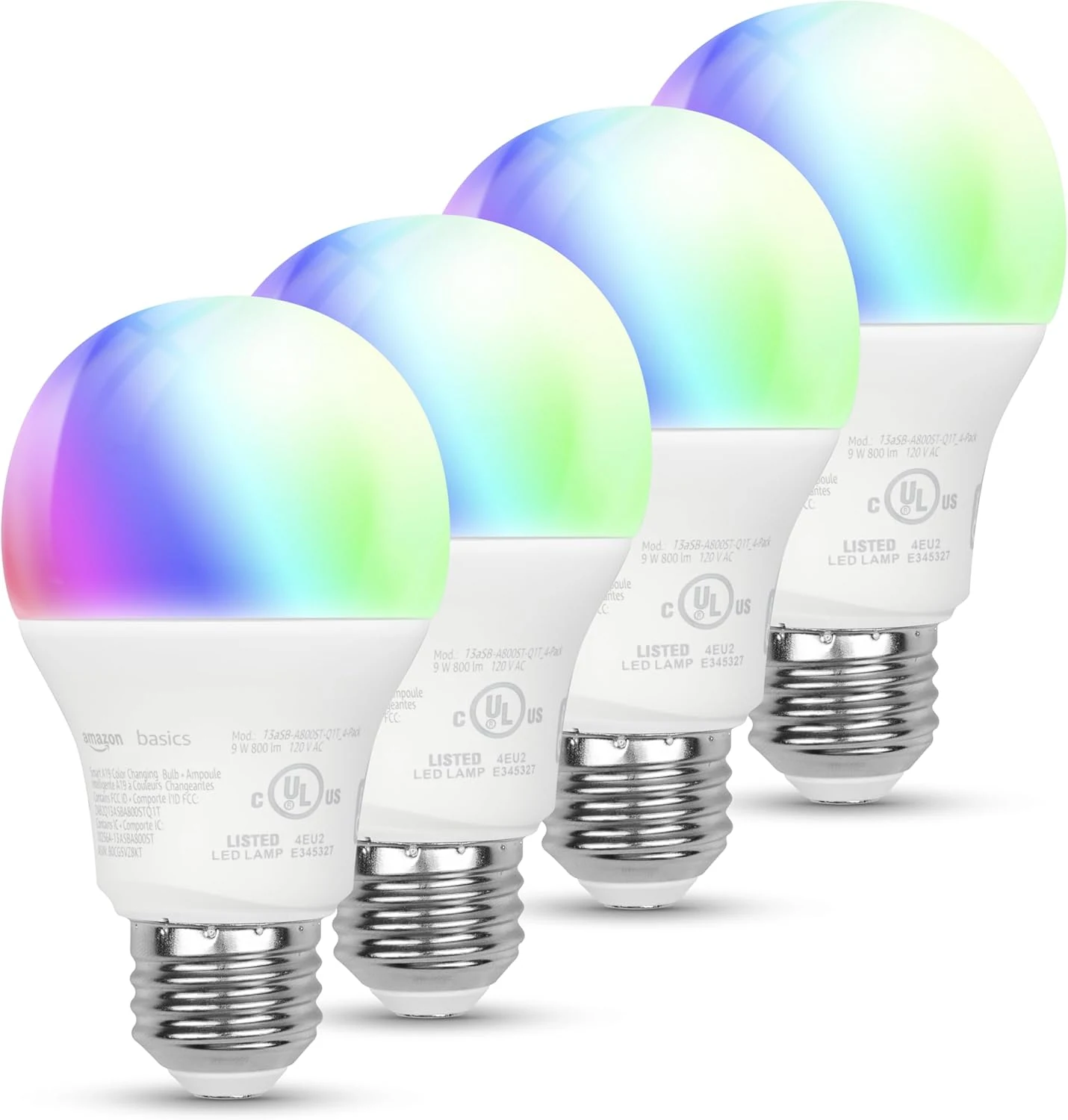 Amazon Basics Smart A19 LED Light Bulb, Color Changing, 9W (60W Equivalent), 800LM, Works with Alexa Only, 2.4 GHz Wi-Fi, No Hub Required, Energy Saving, 4-Pack