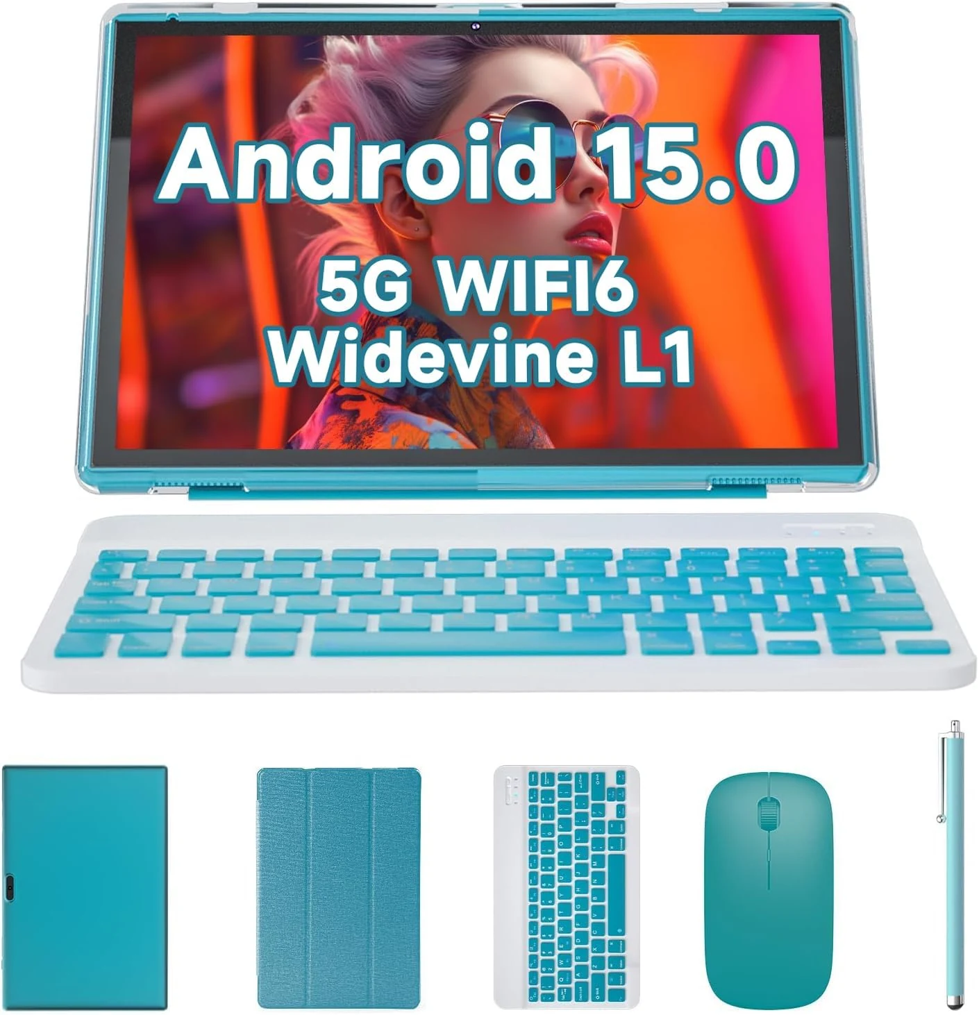 10 inch Tablet 2 in 1 Android 15 Tablets with Keyboard, 10" Tabletas Include Mouse Keyboard Stylus Case, 6000mAh 8GB RAM 32GB ROM Support 1TB Expandable Tableta Dual Camera 5G WiFi-6 Bluetooth Tablet